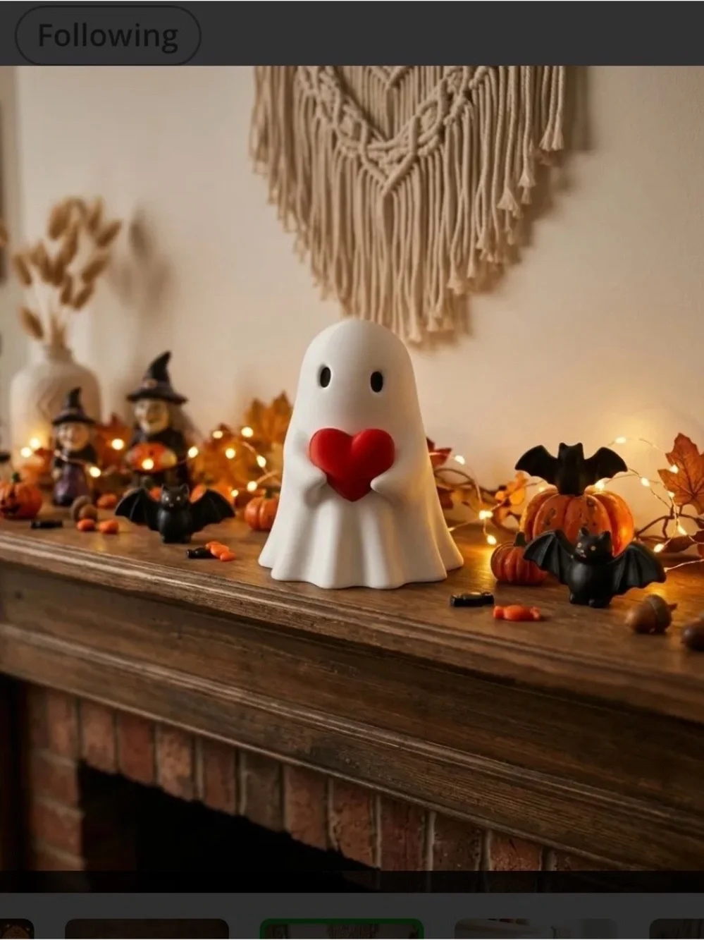 White Ghost Figurine with Red Heart - Decorative Halloween shelf sitter!